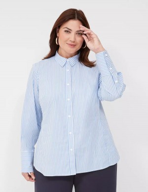 Lane Bryant Button-Down Stripe Girlfriend Women Shirts Light Blue Stripes | DYC806GP