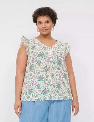 Lane Bryant Cap-Sleeve Woven & Knit Top Women T Shirts Cream Green | SBN7485KU