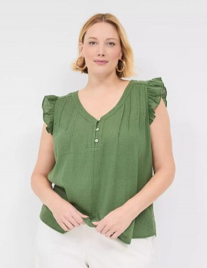 Lane Bryant Cap-Sleeve Woven & Knit Top Women T Shirts Brown Green | OKY7894YV