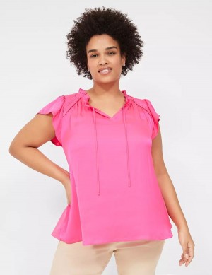 Lane Bryant Cap Flutter-Sleeve Satin & Knit Top Women T Shirts Pink | LPT7864NP