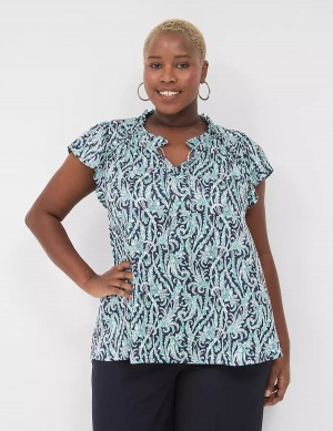 Lane Bryant Cap Flutter-Sleeve Satin & Knit Top Women T Shirts Navy | FTJ7074WZ