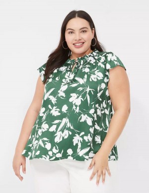 Lane Bryant Cap Flutter-Sleeve Satin & Knit Top Women T Shirts Green | LKP8827OE