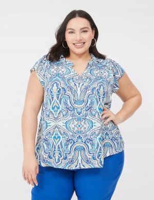 Lane Bryant Cap Flutter-Sleeve Satin & Knit Top Women T Shirts Blue | VLS840RJ