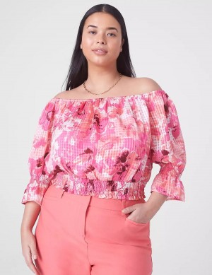 Lane Bryant Classic Crop Off-The-Shoulder Chiffon Top Women Tank Top Pink | HBP839OE