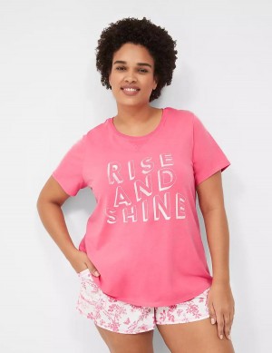 Lane Bryant Comfy Cotton Rib-Trim Tee & Short PJ Set Women Pajamas Pink White | TAM6711DU