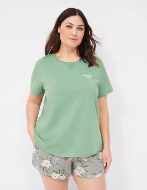 Lane Bryant Comfy Cotton Rib-Trim Tee & Short PJ Set Women Pajamas Green Multicolor | RDC7914YP