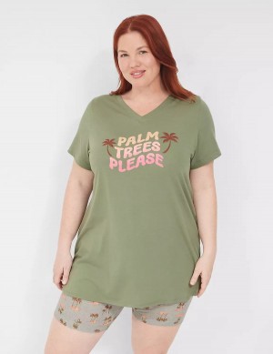 Lane Bryant Comfy Cotton Tunic Tee & Bike Short PJ Set Women Pajamas Green Multicolor | YCA8776CP