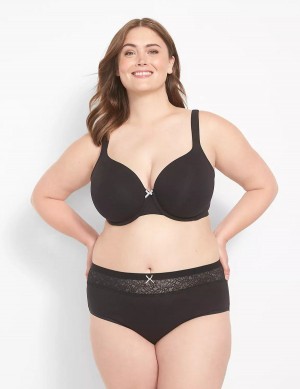 Lane Bryant Cotton High-Leg With Lace Waist Women Briefs Black | SOM42100SF