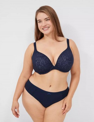 Lane Bryant Cotton With Lace Waist Women Thong Panty Blue | RKZ1199HO