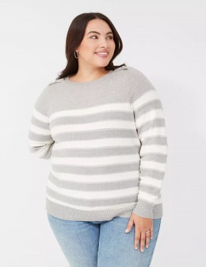 Lane Bryant Crew-Neck Button-Shoulder Striped Women Sweaters Brown | IQW7428JU