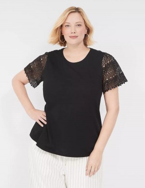 Lane Bryant Crochet-Sleeve Crew-Neck Tee Women T Shirts Black | ELW5539MI