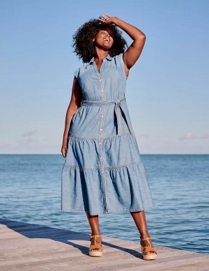 Lane Bryant Denim Tiered Women Midi Dress Blue | NTB5653ID