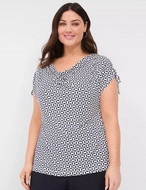 Lane Bryant Drawcord Cap-Sleeve Drape-Neck Top Women T Shirts Navy | TQQ8297WV