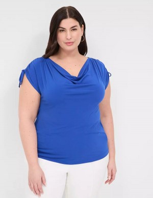 Lane Bryant Drawcord Cap-Sleeve Drape-Neck Top Women T Shirts Blue | KEB7614FU