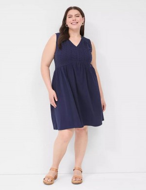 Lane Bryant Easy Swing Eyelet-Bodice Women Casual Dress Blue | CJH443KZ