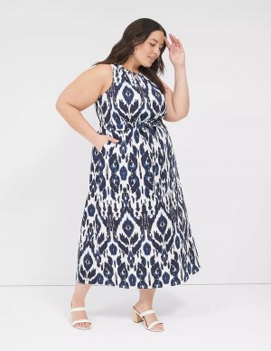 Lane Bryant Elastic-Neck Tie-Waist Women Midi Dress Navy | NNN787BV