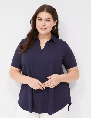 Lane Bryant Elbow-Sleeve Split-Neck Swing Polo Top Women T Shirts Blue | WNQ483DN