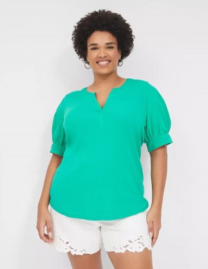 Lane Bryant Elbow-Sleeve Split-Neck Top Women T Shirts Turquoise | SOF23100FB