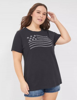 Lane Bryant Embroidered Flag Graphic Tee Women T Shirts Black | CHB5247SK