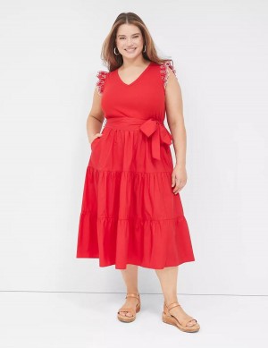 Lane Bryant Eyelet-Sleeveed Women Midi Dress Red | RIN476UM