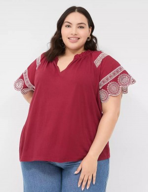 Lane Bryant Eyelet Short-Sleeve Knit Top Women T Shirts Deep Red | VBH8438HE