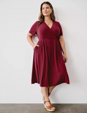 Lane Bryant Faux-Wrap Jersey Women Midi Dress Deep Red | WNR9640PN