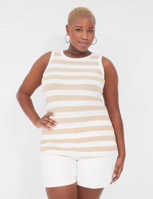 Lane Bryant Fitted High-Neck Ribbed Women Tank Top Brown White | VSZ6066TF