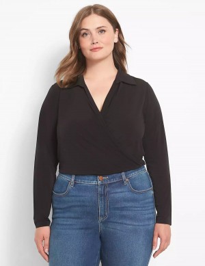 Lane Bryant Fitted Long-Sleeve Surplice Collar Crop Women Shirts Black | BSL4499BZ