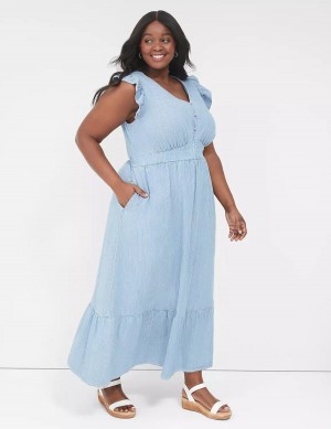 Lane Bryant Flutter-Sleeve Button-Front Denim Women Maxi Dress Blue Stripes | NDE5165RQ