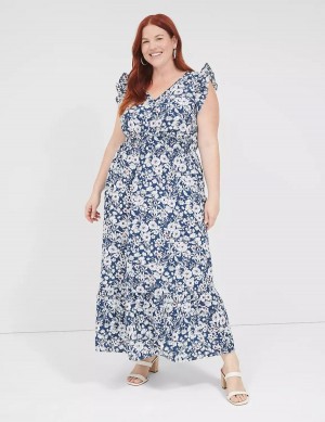 Lane Bryant Flutter-Sleeve Button-Front Women Maxi Dress Blue | EHY6380VX