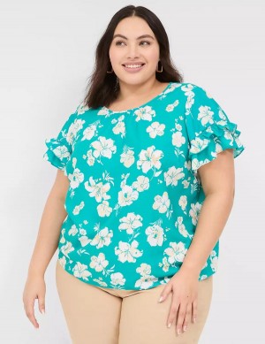 Lane Bryant Flutter-Sleeve Crew-Neck Top Women T Shirts Turquoise | GUM10098KN