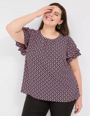 Lane Bryant Flutter-Sleeve Crew-Neck Top Women T Shirts Pink Navy | KLD5842ZU