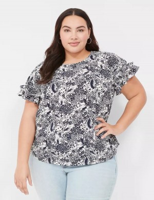 Lane Bryant Flutter-Sleeve Crew-Neck Top Women T Shirts Navy Cream | NSM3252DP