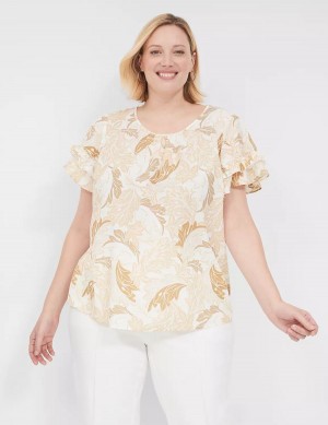 Lane Bryant Flutter-Sleeve Crew-Neck Top Women T Shirts Brown Multicolor | HNY2578WY