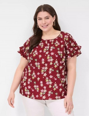 Lane Bryant Flutter-Sleeve Crew-Neck Top Women T Shirts Red Multicolor | JIH7089DY