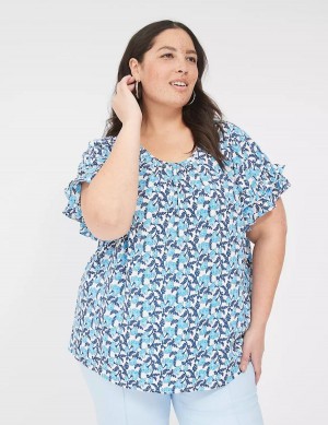 Lane Bryant Flutter-Sleeve Crew-Neck Top Women T Shirts Blue | TXH6412FN