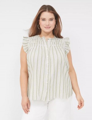 Lane Bryant Flutter-Sleeve Ruffle-Neck Women Blouse Green Stripes | AOD8775MM