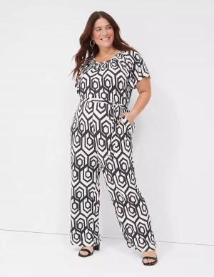 Lane Bryant Flutter-Sleeve Smocked-Neck Wide Leg Women Jumpsuit Navy | SYI4498AB