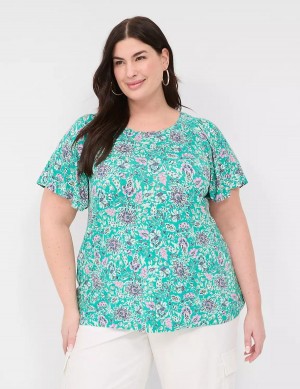 Lane Bryant Flutter-Sleeve Smocked Top Women T Shirts Light Turquoise | LFF3758VR