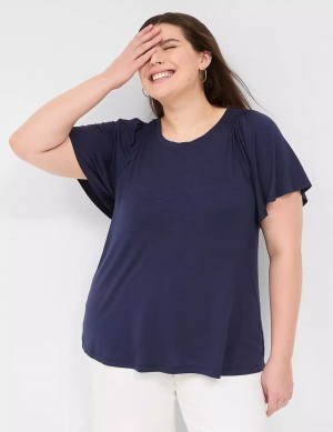 Lane Bryant Flutter-Sleeve Smocked Top Women T Shirts Blue | BFF7619ZH