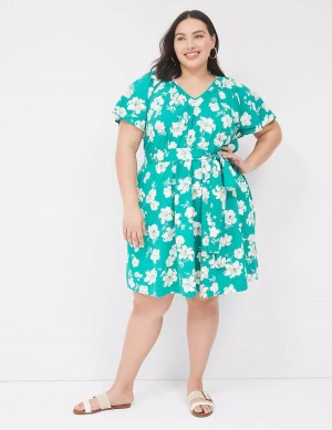 Lane Bryant Flutter-Sleeve Tie-Waist Women Casual Dress Turquoise | YLN929WO