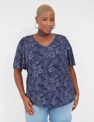 Lane Bryant Flutter-Sleeve V-Neck Top Women T Shirts Navy | IBM6094SG