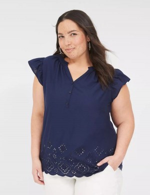 Lane Bryant Flutter-Sleeve Woven-Front Knit Top Women T Shirts Blue | FRO2699DG