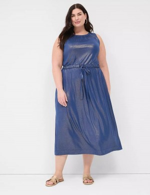 Lane Bryant Foil Shimmer Tie-Waist Women Midi Dress Dark Blue | PGJ385DP