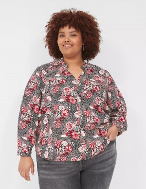 Lane Bryant Gathered Ruffle V-Neck Popover Women Shirts Red Black | MCQ1483MK