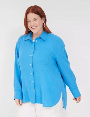 Lane Bryant Gauze Button-Down Beach Top Women Shirts Blue | MHL1699BQ