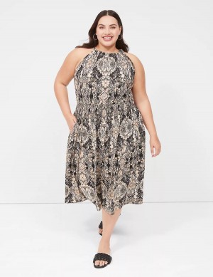 Lane Bryant Halter-Neck Smocked-Waist Jersey Women Midi Dress Black Multicolor | NPY4281BH