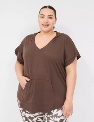 Lane Bryant LIVI Knot-Sleeve Recycled LIVI Soft Hooded Tunic Women T Shirts Dark Brown | HMQ3289WO