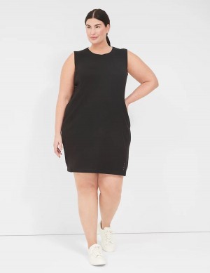 Lane Bryant LIVI Sleeveless Crew-Neck French Terry Women Casual Dress Black | RLT8610JY