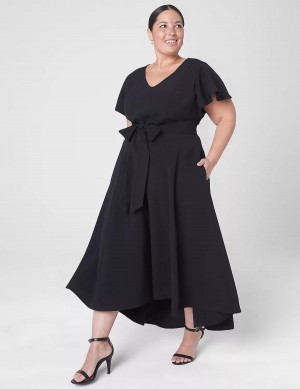 Lane Bryant Lena V-Neck High-Low Women Midi Dress Black | GSO2142JR